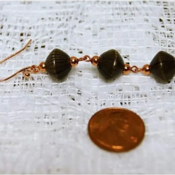 Handmade Striped Wooden Bead & Copper Dangle Earrings - Picture 4 of 5